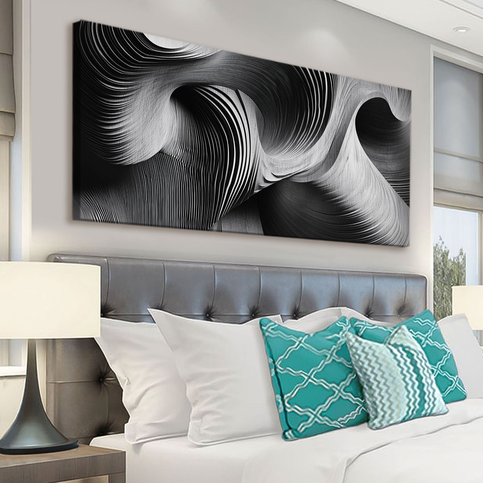 Waves Monochromatic Abstract Canvas Wall Art for Living Room