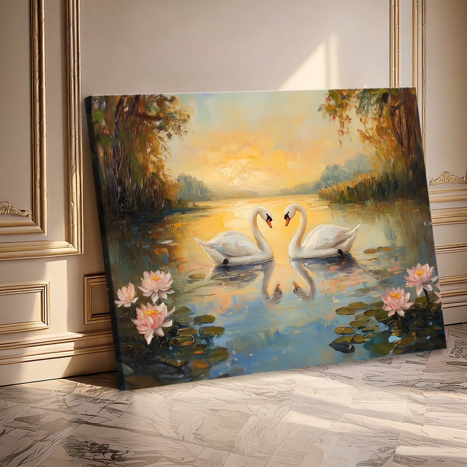 Swan Serenity – Romantic Oil Painting Canvas Wall Art
