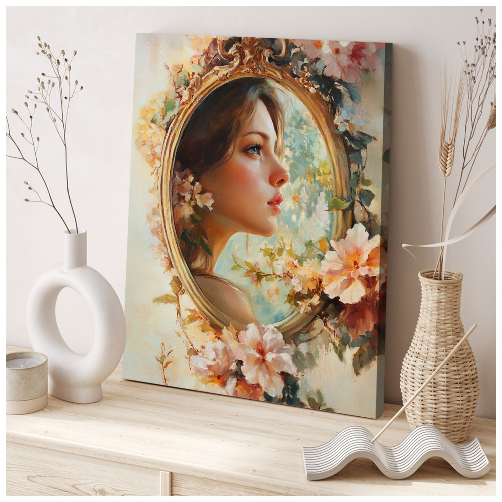 Beauty in the Mirror – Romantic Oil Painting Canvas Wall Art