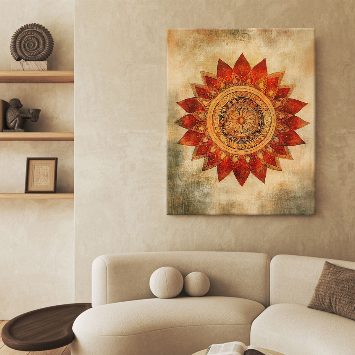 Boho Mandala Canvas Wall Art - Warm Tribal Sunflower Decor