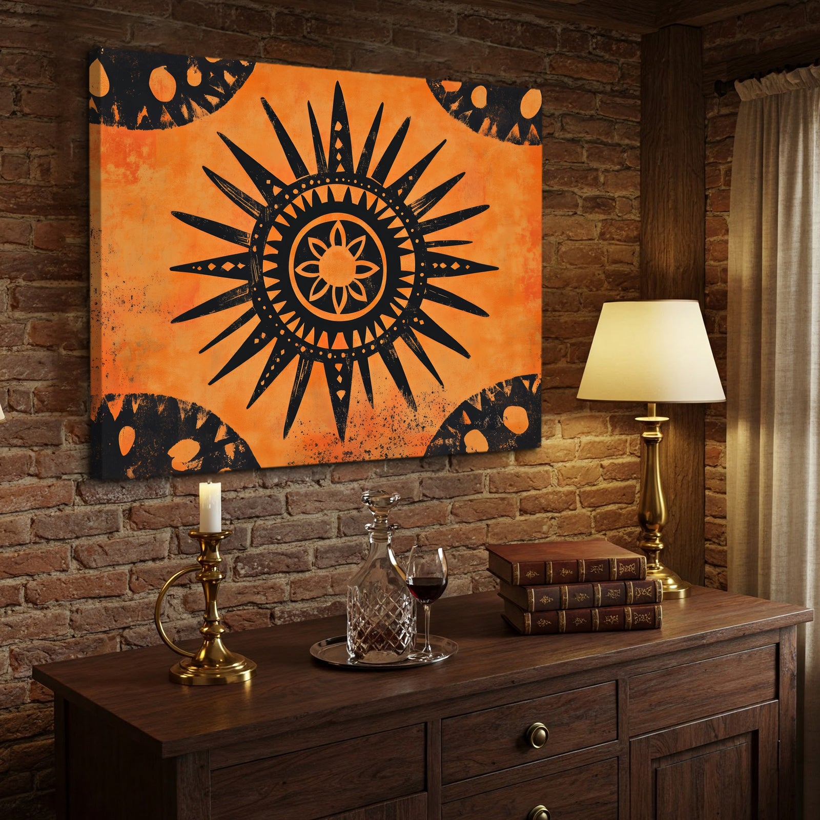 Tribal Sun Rustic Boho Wall Art Print – Terracotta Concentric Design