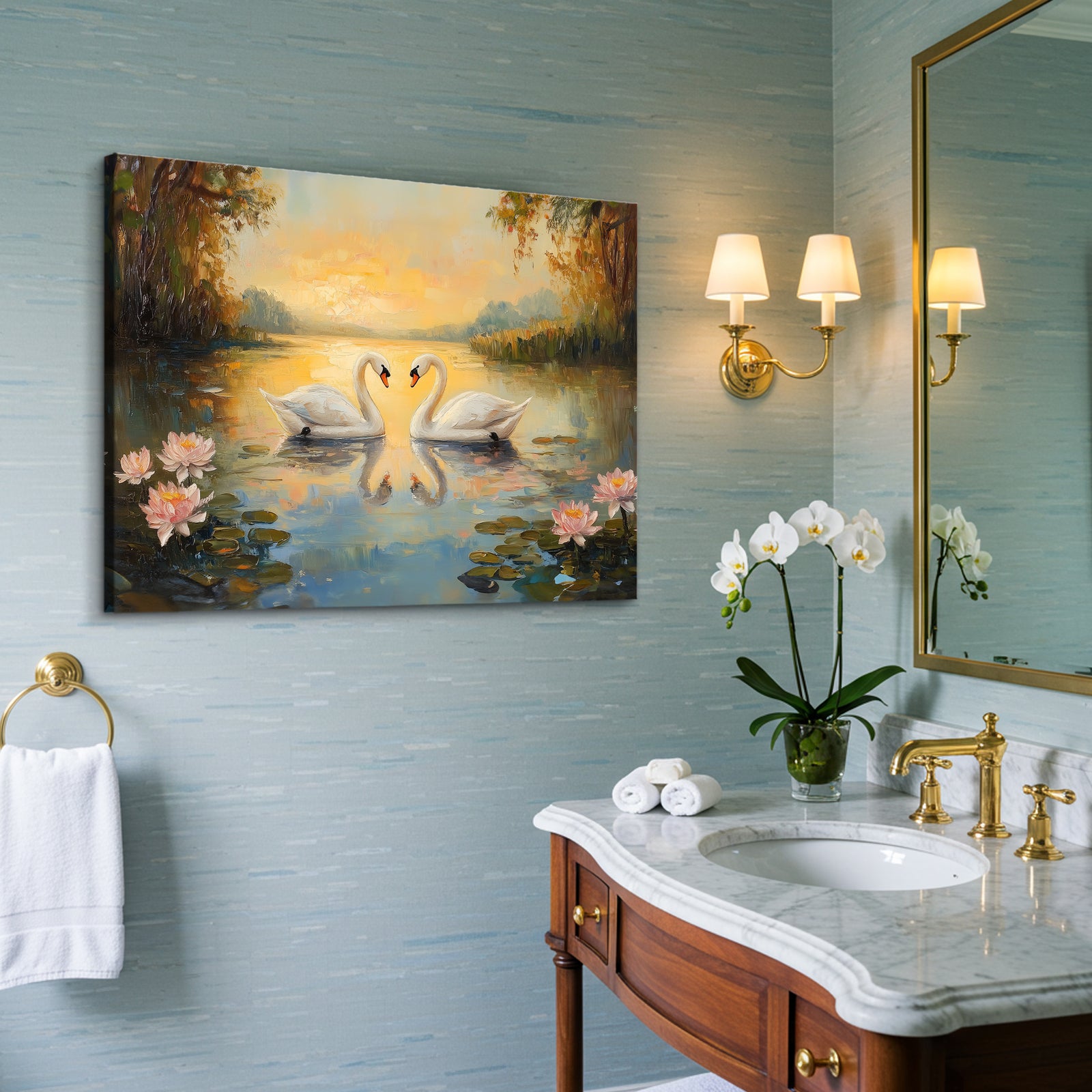 Swan Serenity – Romantic Oil Painting Canvas Wall Art