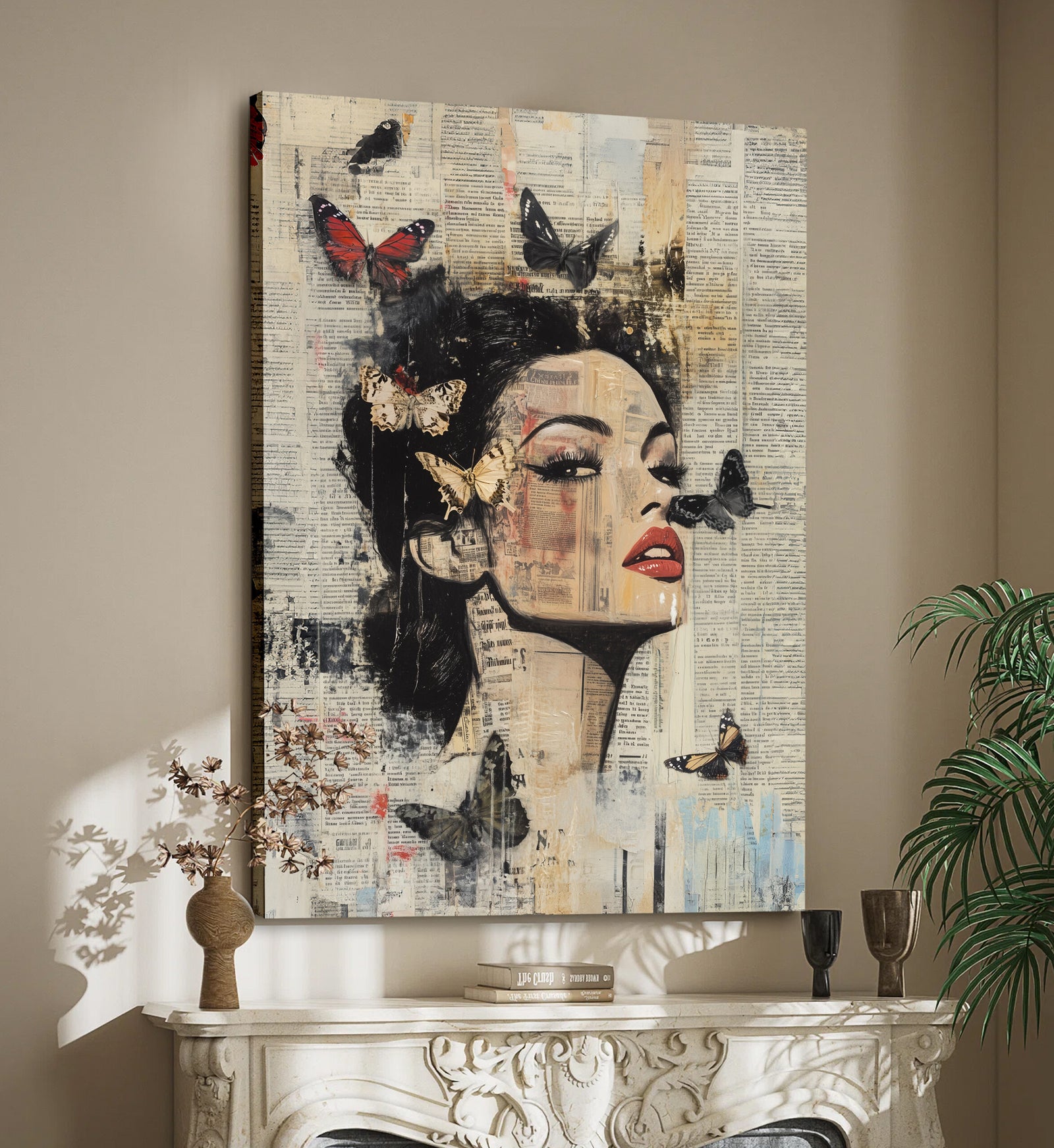 Vintage Butterfly Collage Female Portrait Canvas Art