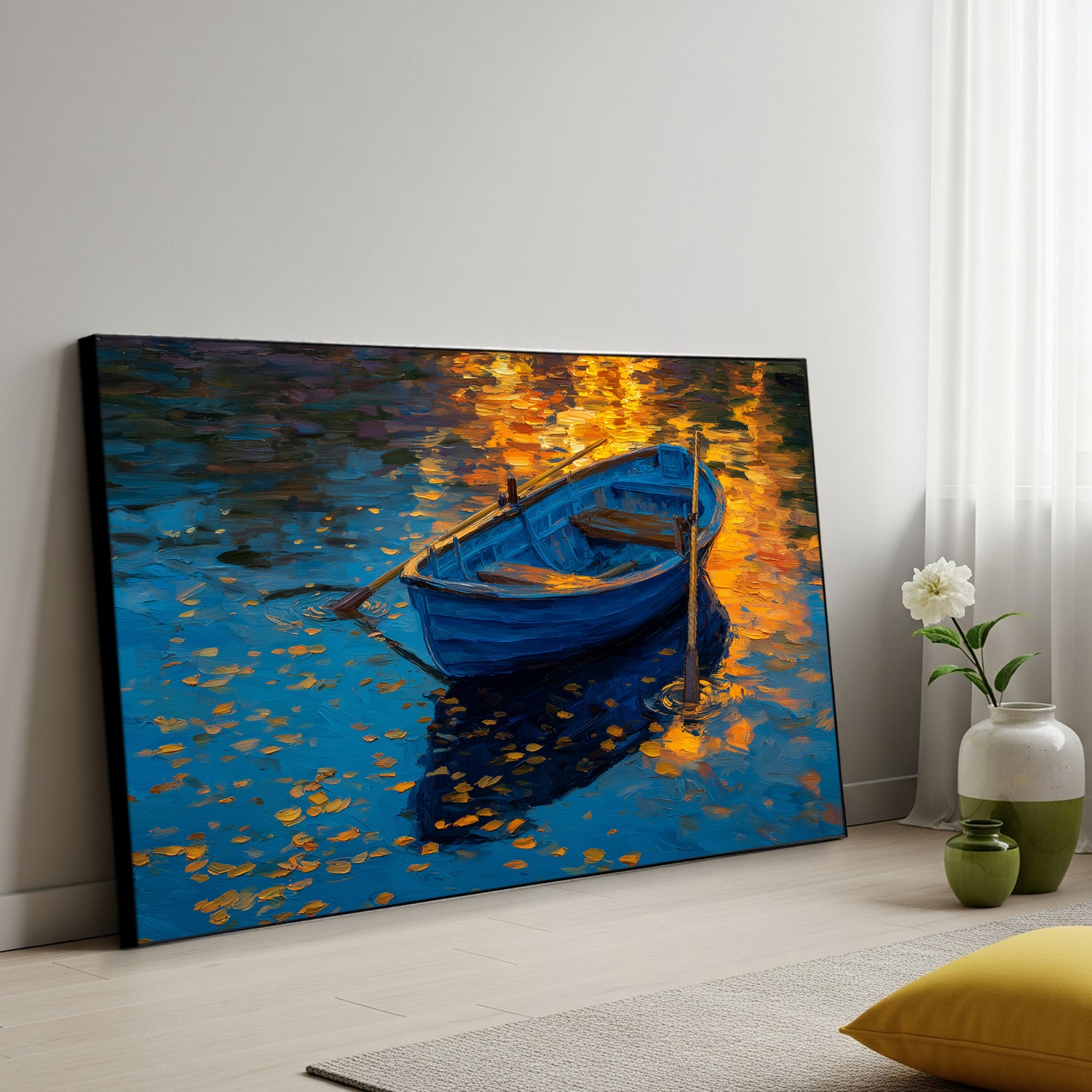 Golden Light and Blue Rowboat Oil Canvas Wall Art