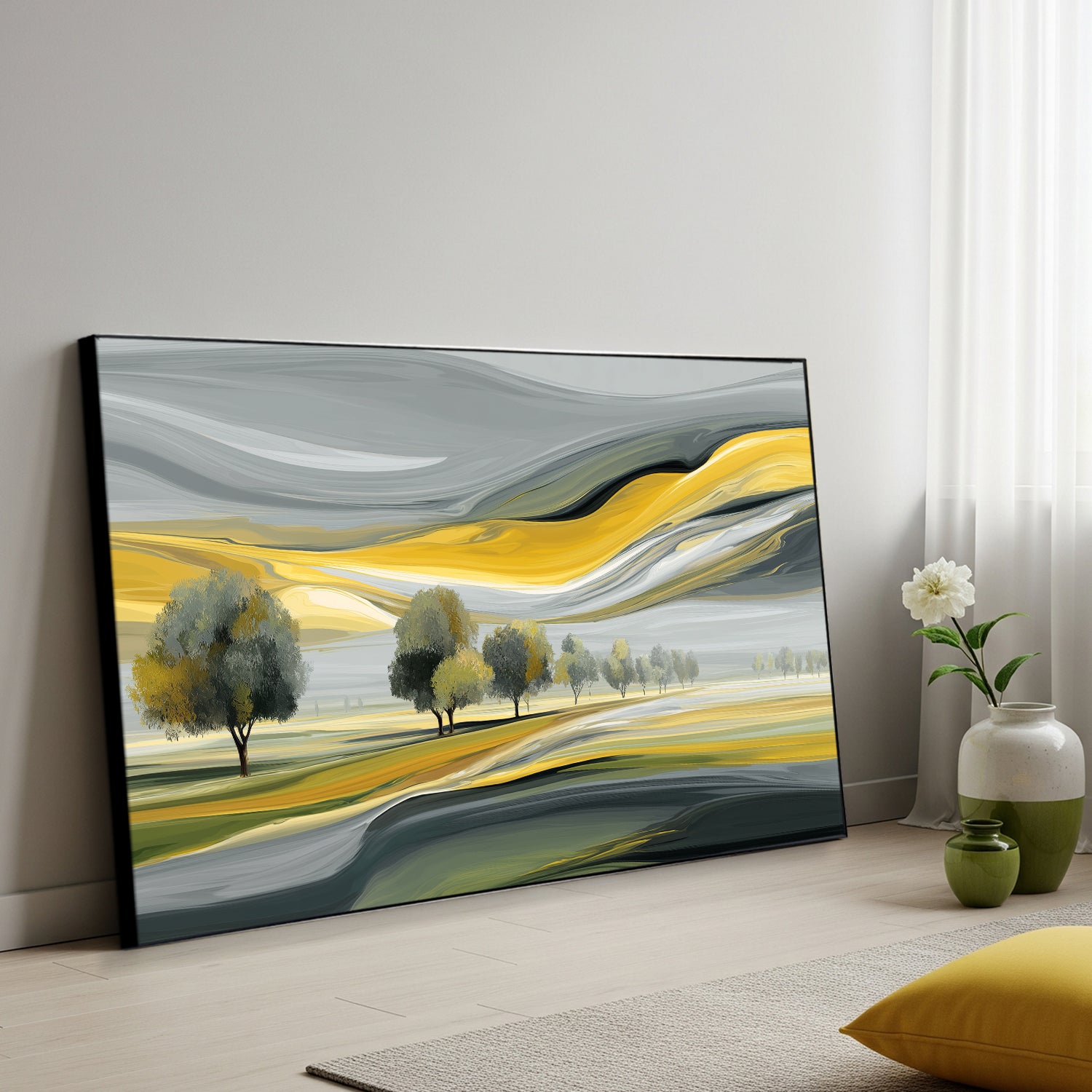 Modern Yellow and Gray Landscape Tree Artwork