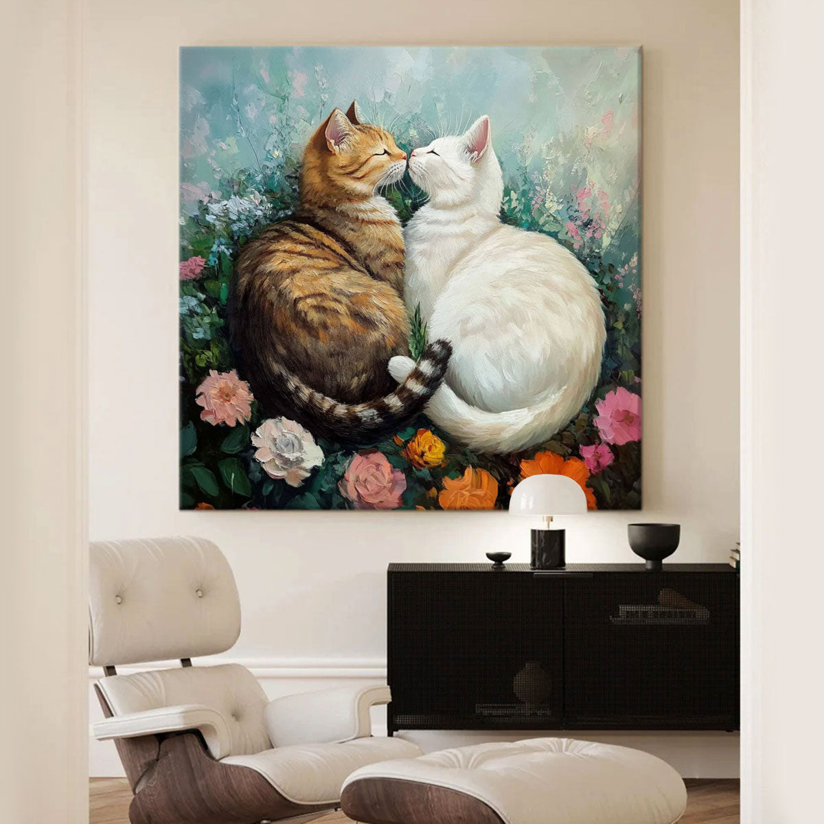Romantic Cat Duo in Floral Garden – Oil Canvas Wall Art