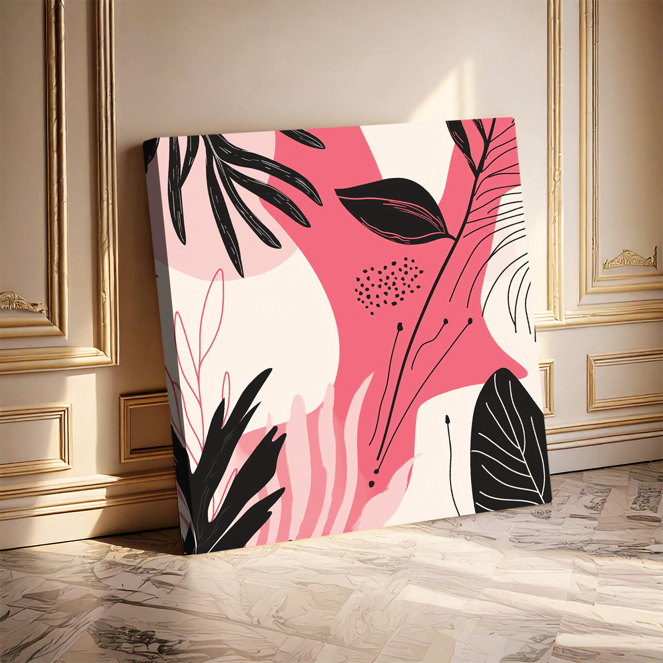 Pink Black Minimalist Leaf Pattern Canvas for Soft Interiors