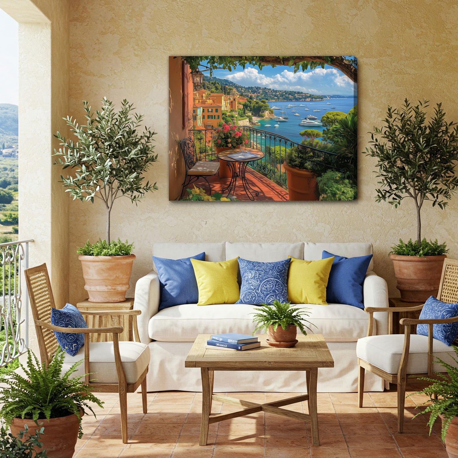 French Riviera Balcony View with Sea and Flowers Canvas
