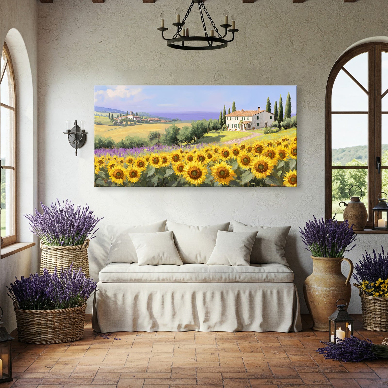 Sunflower Field in Tuscany Vintage Oil Print Canvas Wall Art