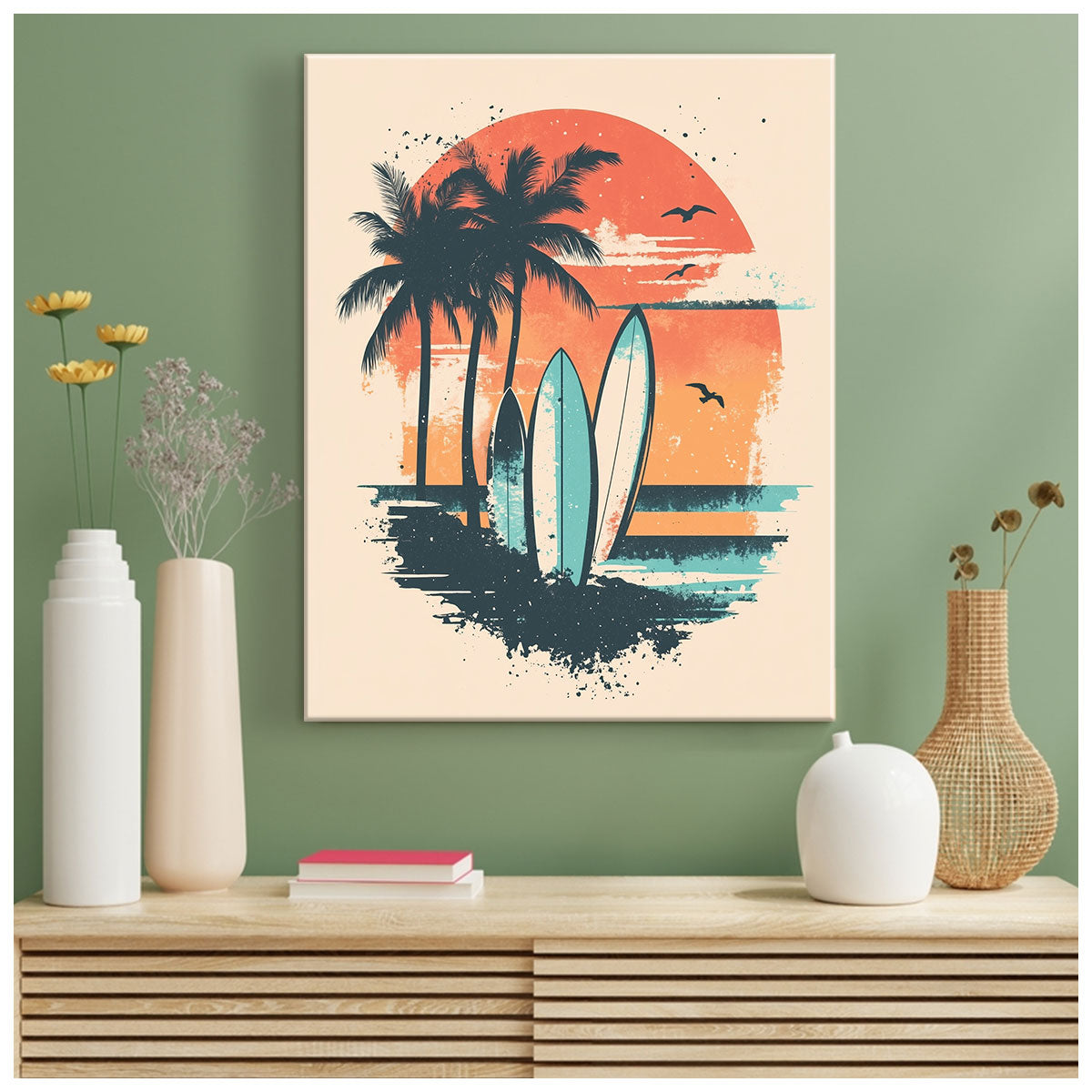 Vintage Surfboards and Palm Trees Retro Canvas Wall Art