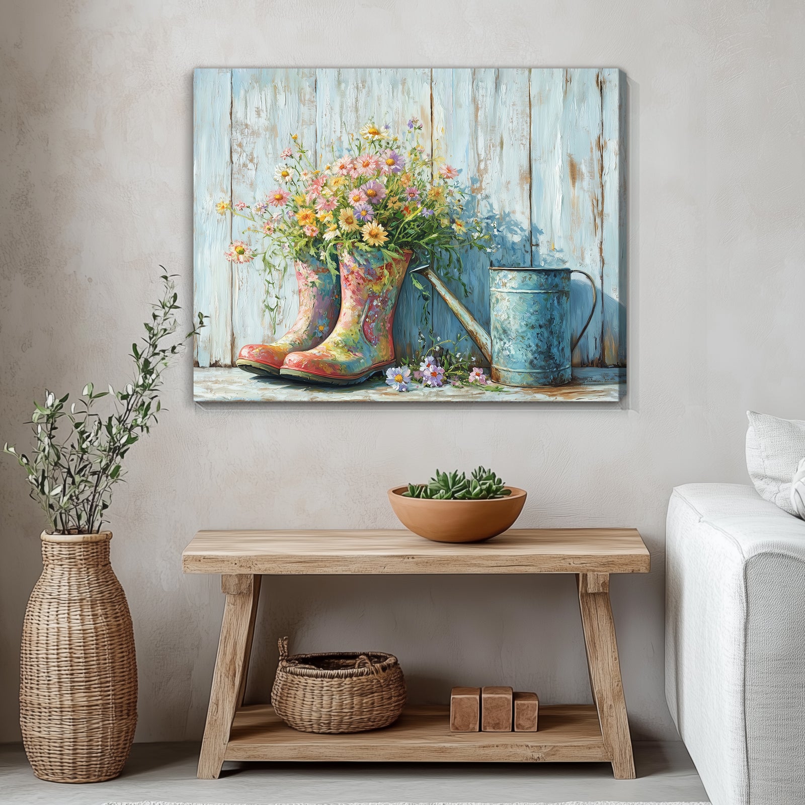 Rustic Floral Rain Boots – Vintage Farmhouse Oil Painting Canvas Wall Art
