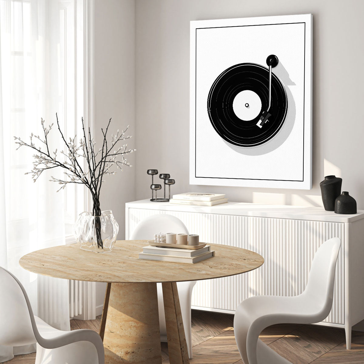 Black And White Vinyl Record Player Minimalist Wall Art