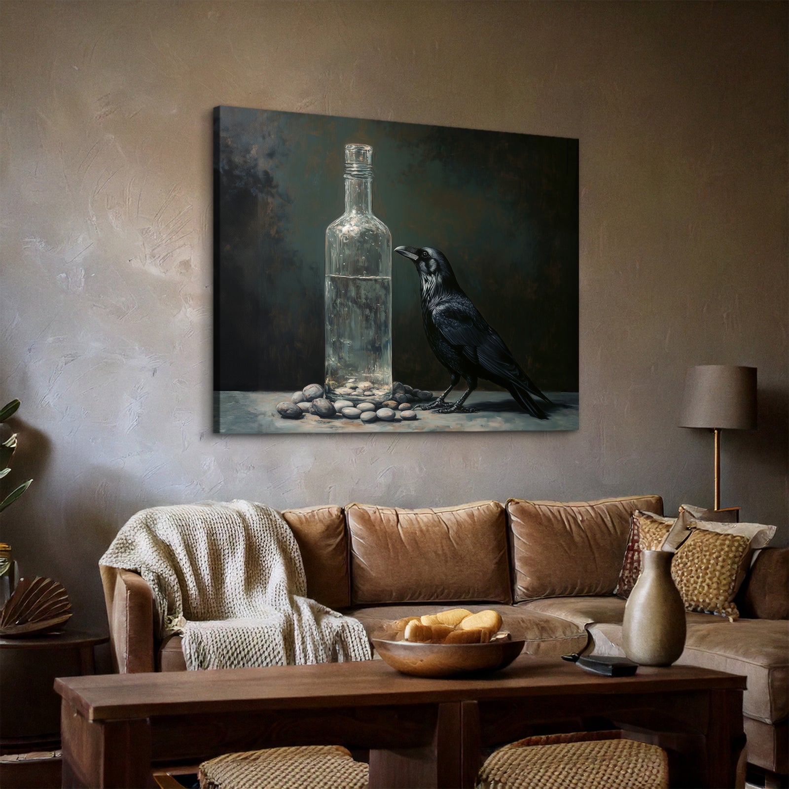 Black Raven and Glass Bottle Oil Painting Canvas Print