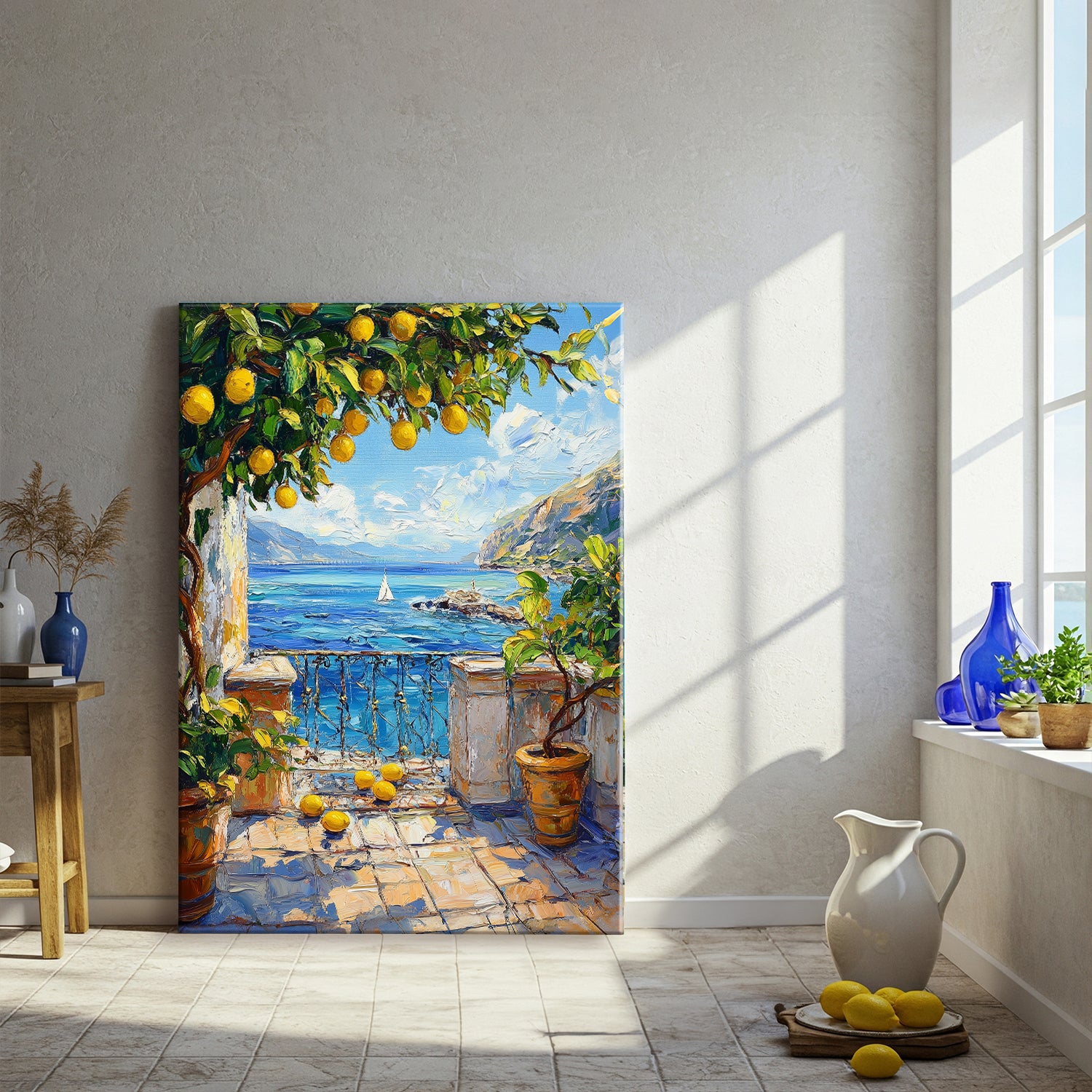Mediterranean Seaside Balcony with Lemon Tree Canvas Art Print