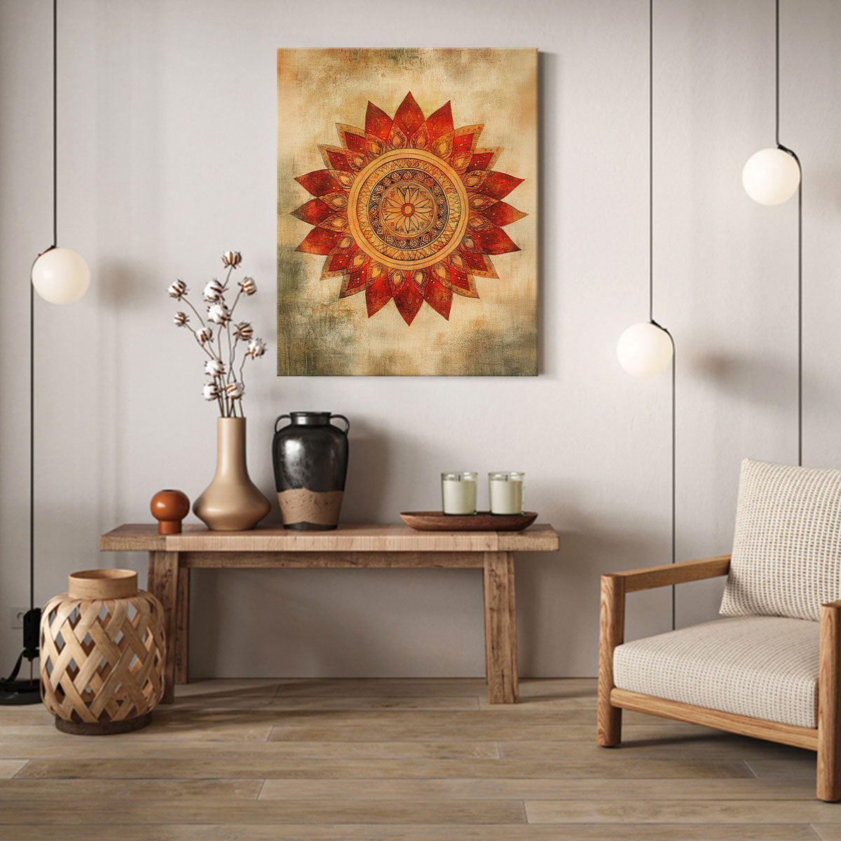 Boho Mandala Canvas Wall Art - Warm Tribal Sunflower Decor
