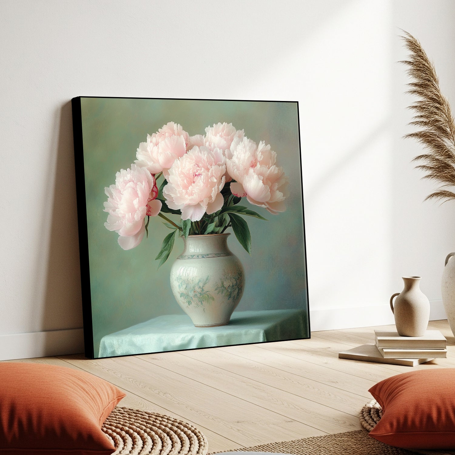 Delicate Peonies in Soft Ceramic Vase Canvas Print