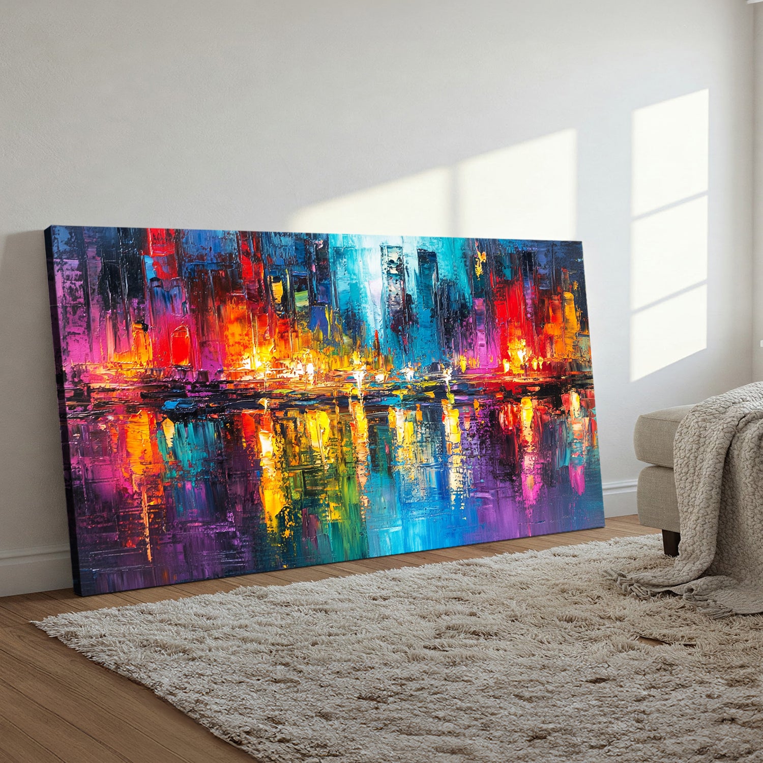 Radiant Reflections Cityscape Abstract Canvas Wall Art for Living Room