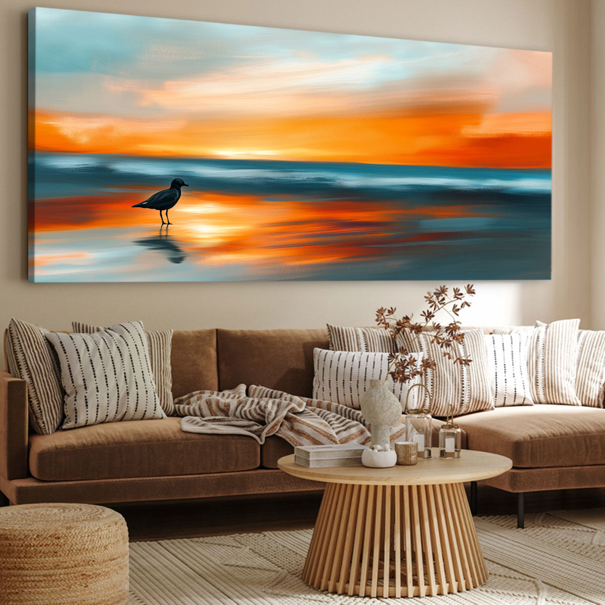 Lone Bird Under Sunset Beach Wall Art