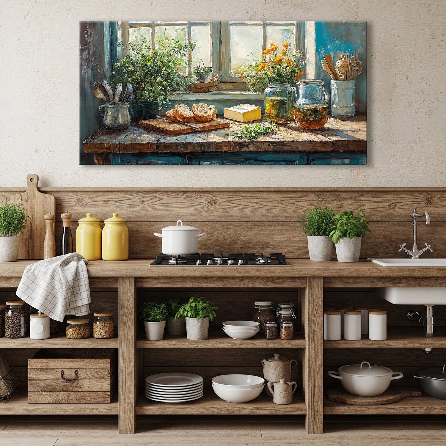Cozy Kitchen Interior Fine Art Oil Painting on Canvas