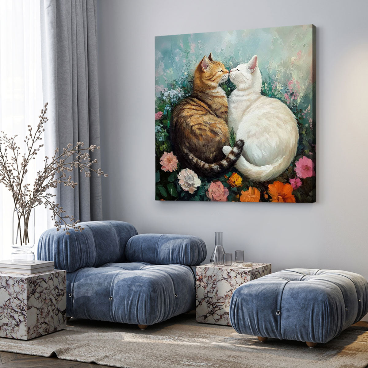 Romantic Cat Duo in Floral Garden – Oil Canvas Wall Art