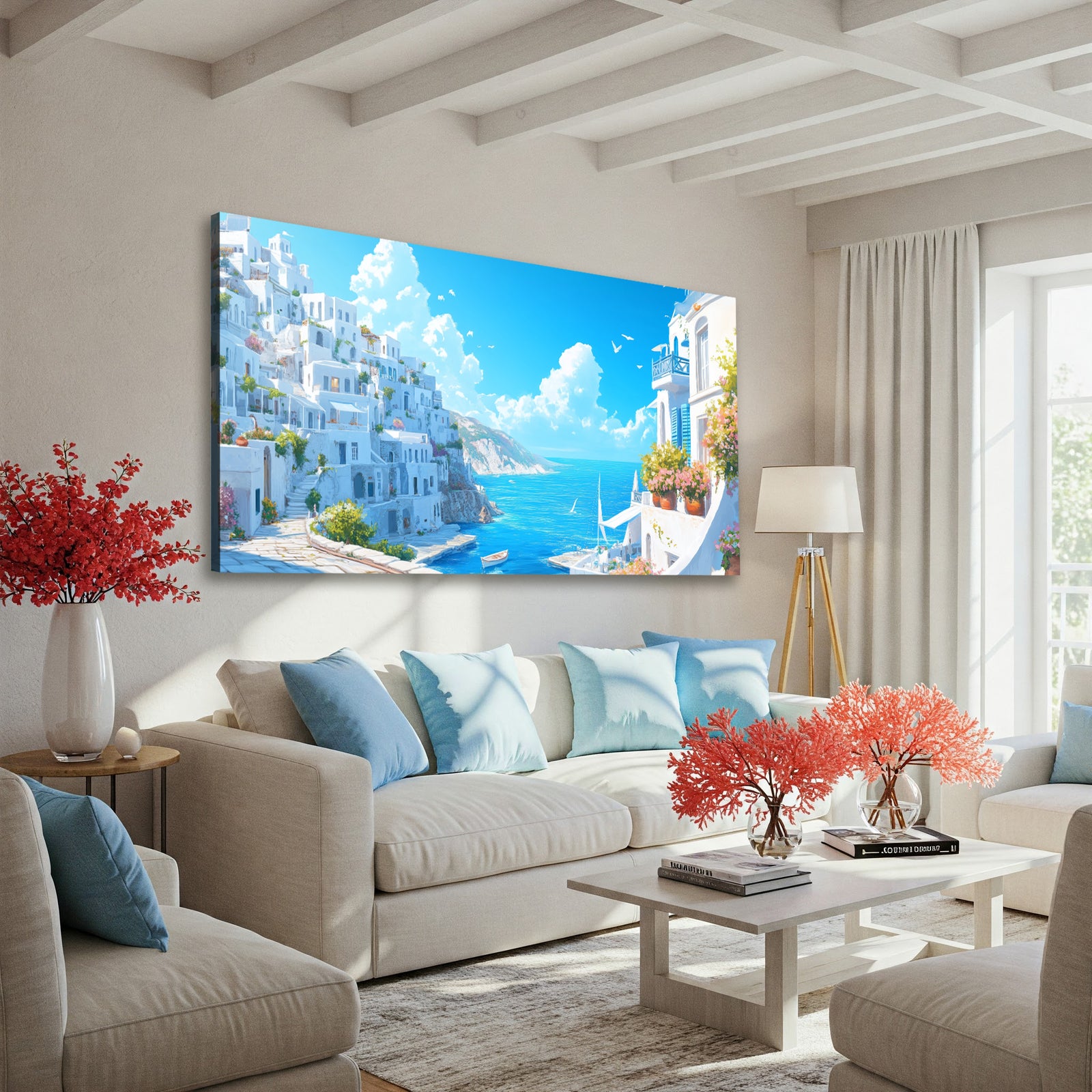White and Blue Greek Houses with Flowers Wall Canvas