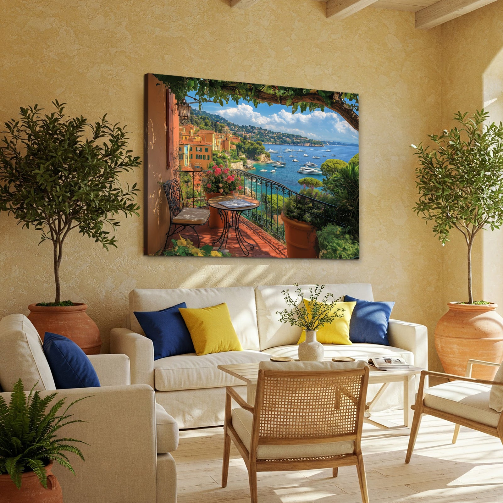 French Riviera Balcony View with Sea and Flowers Canvas