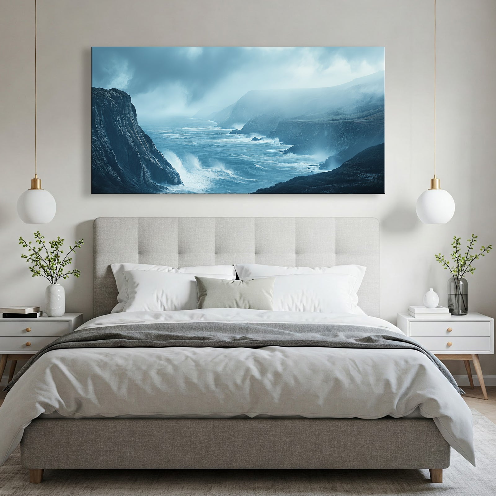 Coastal Cliffside and Waves Canvas in Earthy Tones