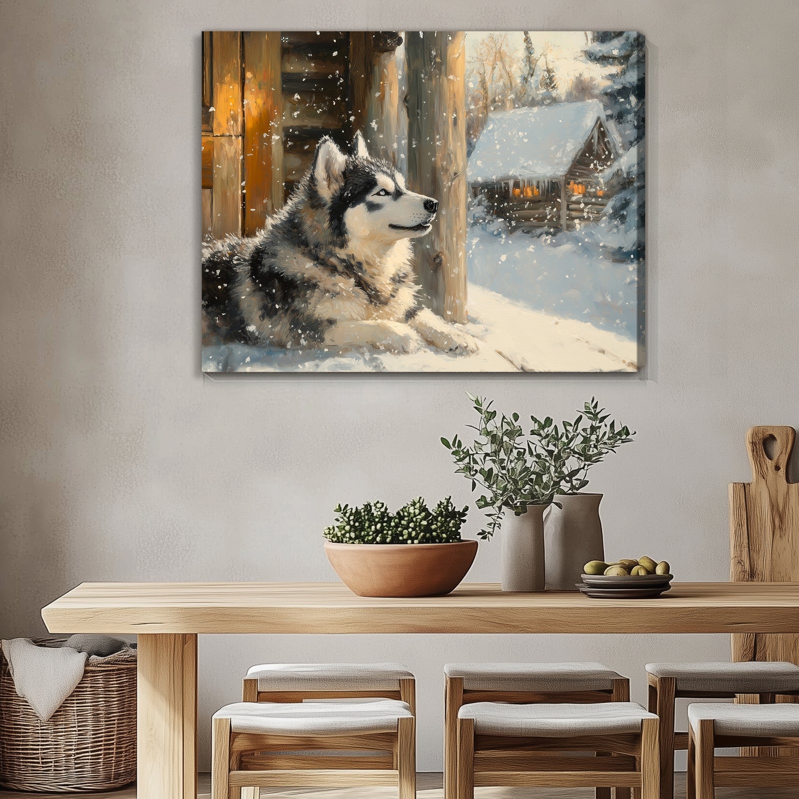 Cozy Alaskan Malamute Winter Oil Painting Canvas