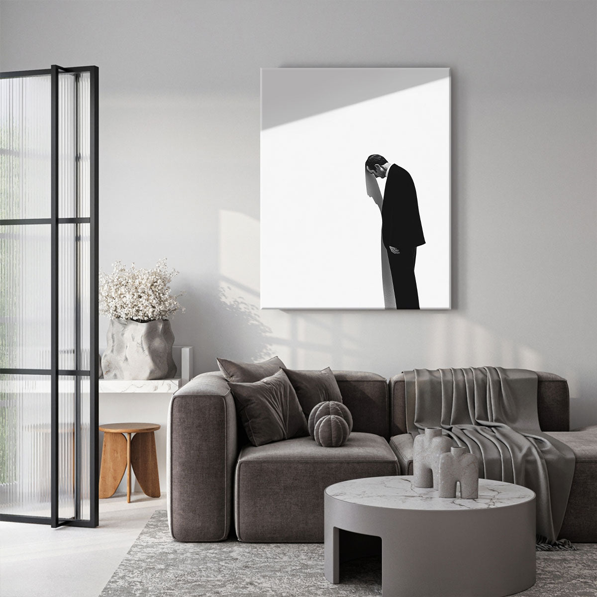 Sad Man Shadow Contemplative Black And White Wall Art