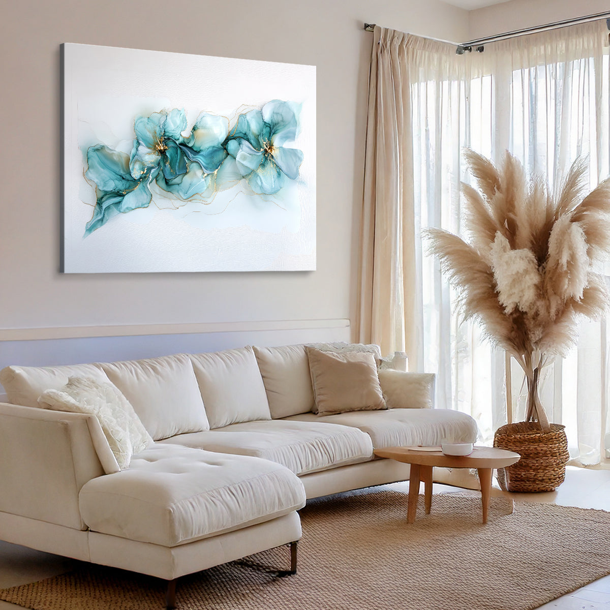 Turquoise Floral Abstract Alcohol Ink Canvas Wall Art