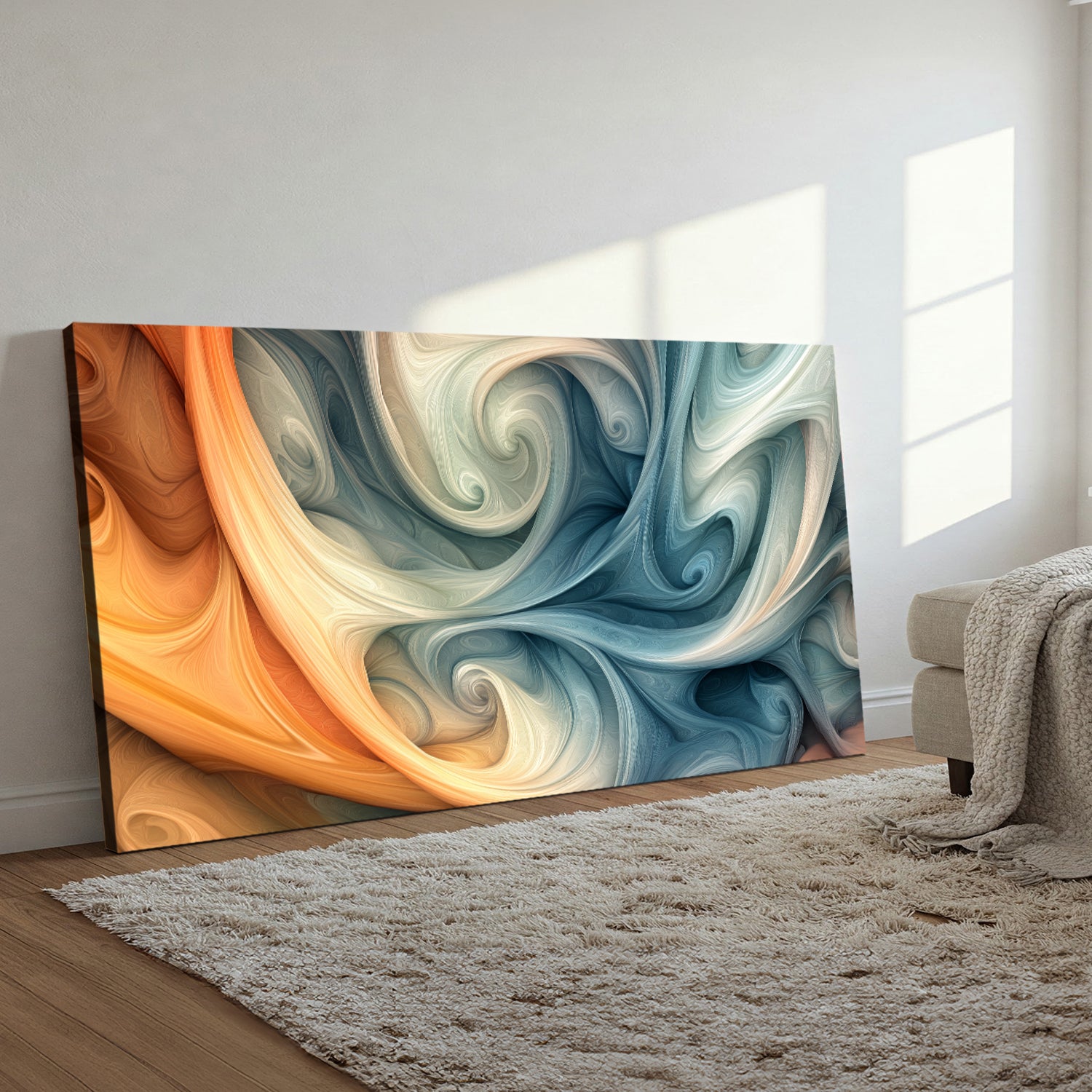 Modern Swirling Abstract Canvas in Cream and Gold Tones
