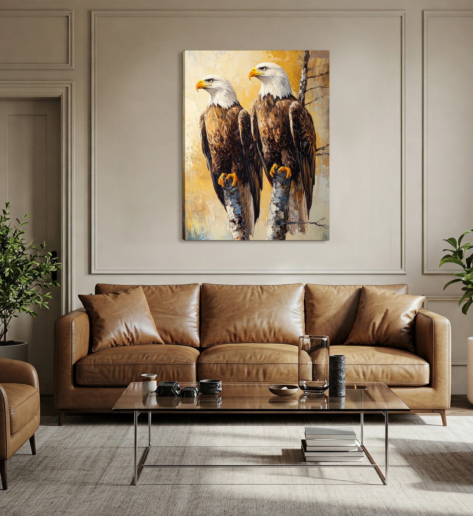 Rustic Bald Eagles Canvas Wall Art – Textured Impasto Oil Painting
