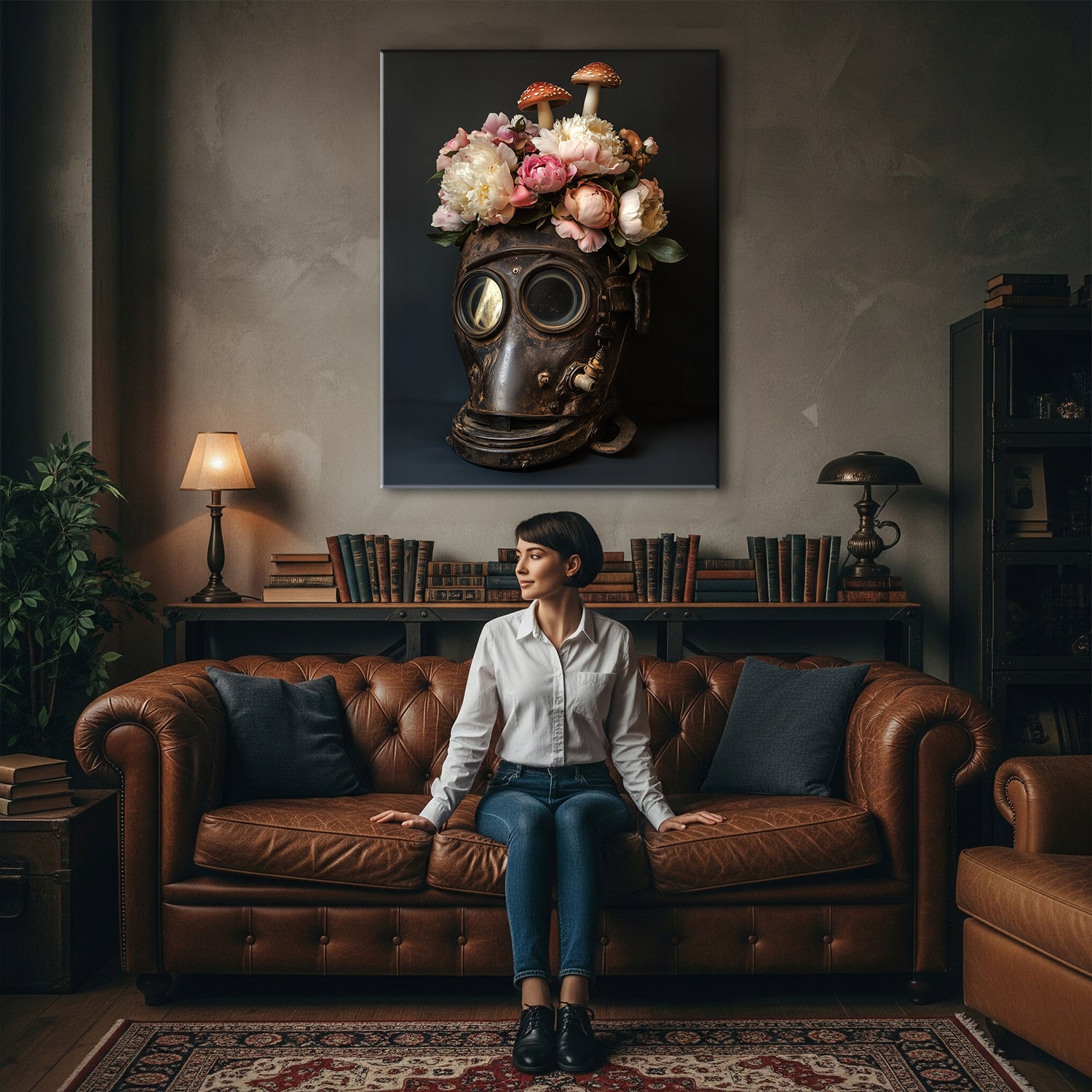 Blooming Flowers In Diving Helmet Vintage Canvas Art