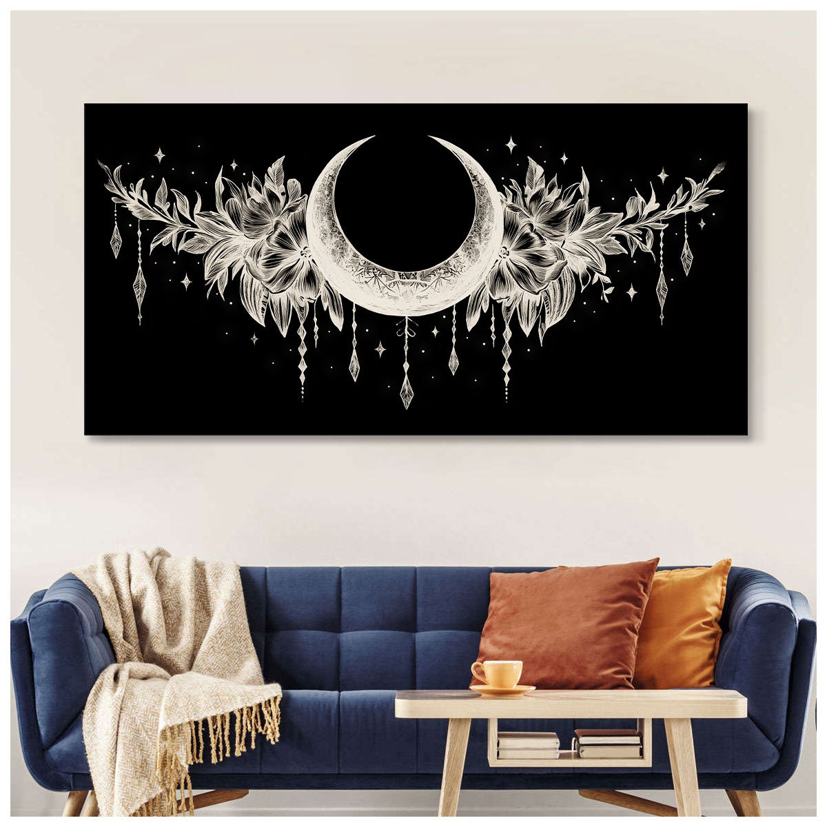 Crescent Moon and Floral Line Art Boho Canvas Wall Decor