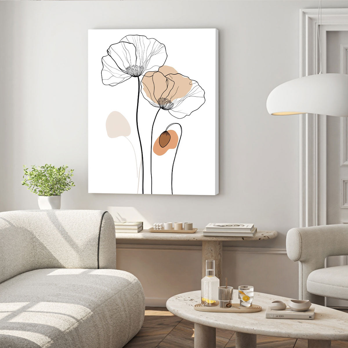 One-Line Poppy Flower Canvas Wall Art – Minimalist Floral Line Drawing Print
