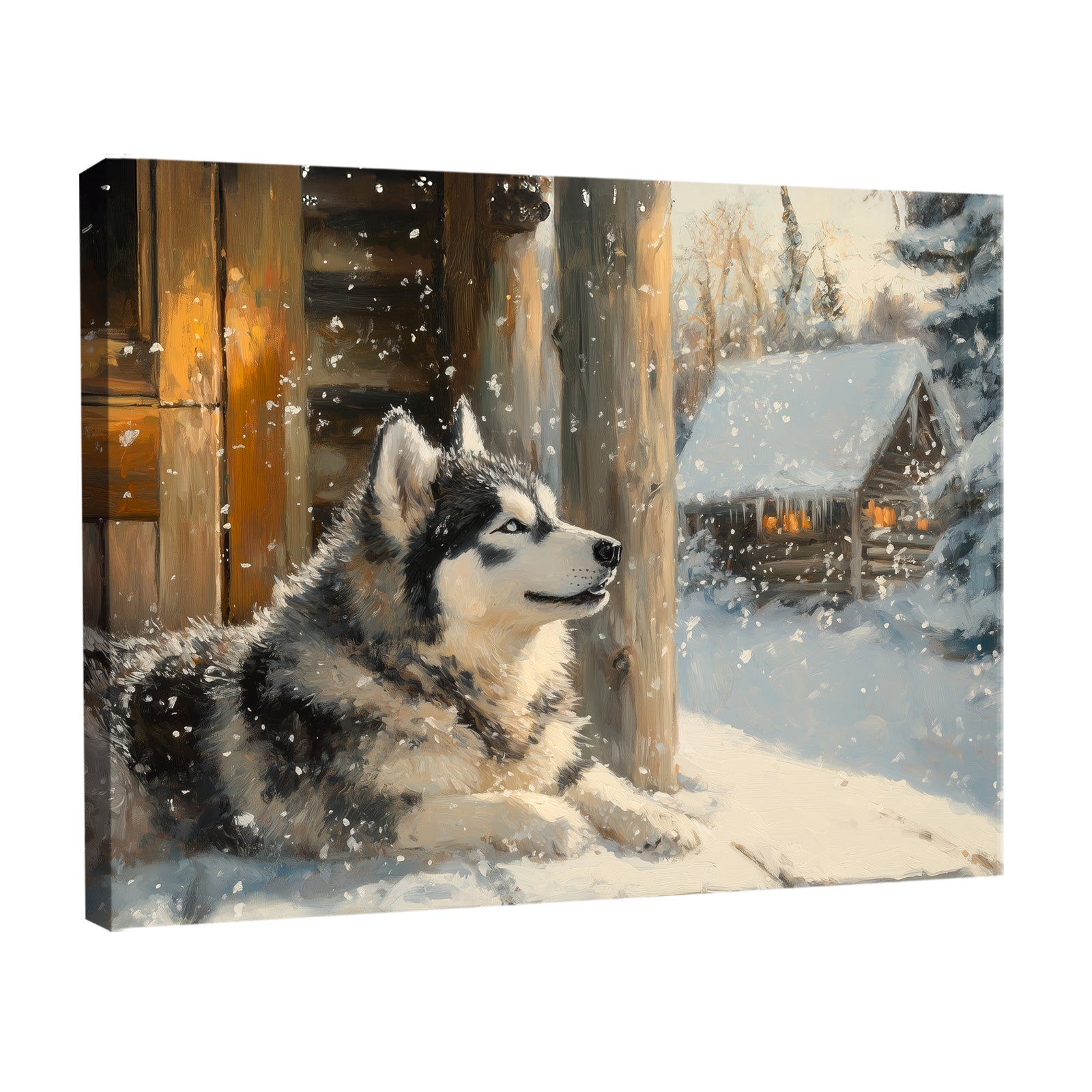 Cozy Alaskan Malamute Winter Oil Painting Canvas
