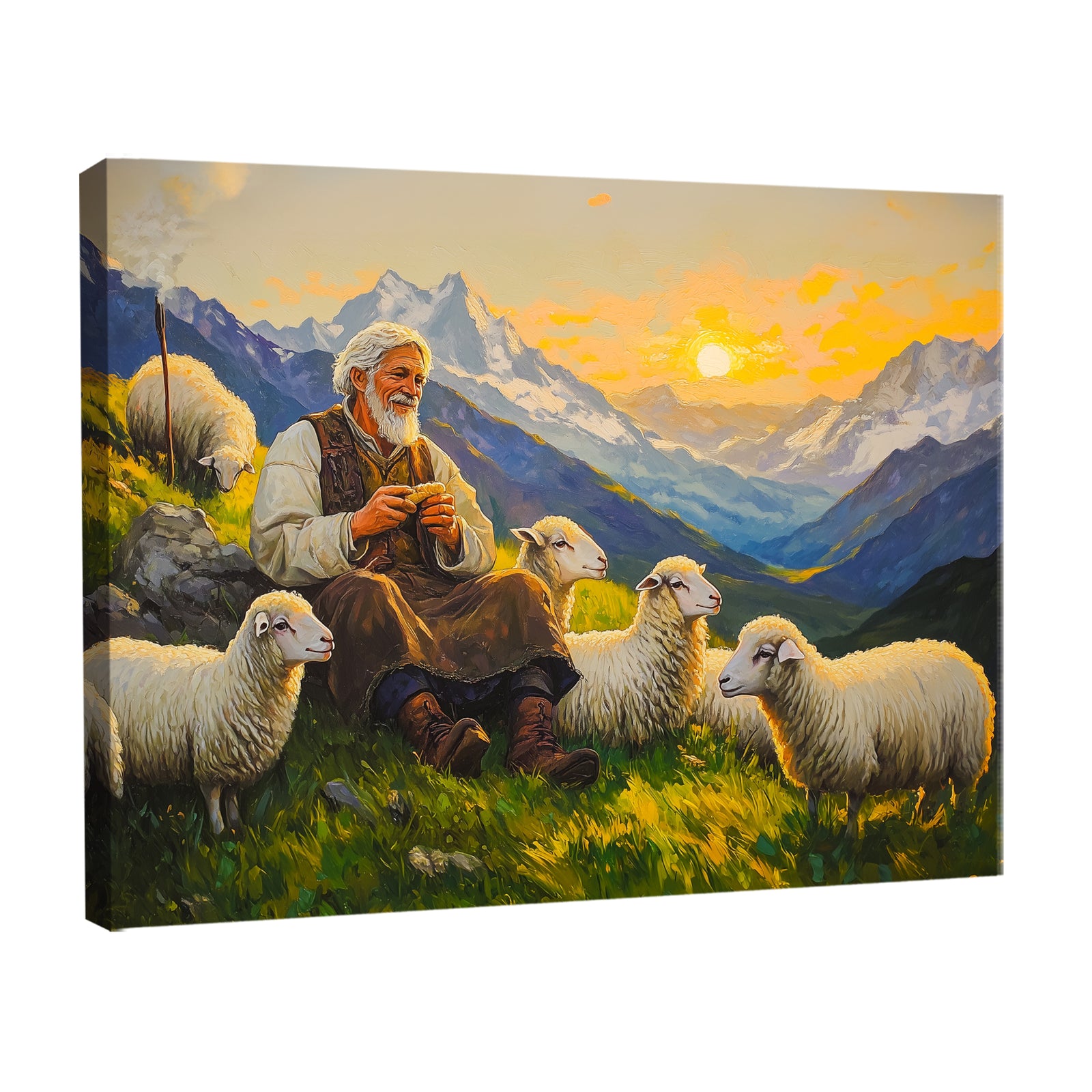 Shepherd and Sheep Pastoral Canvas in Vintage Oil Style