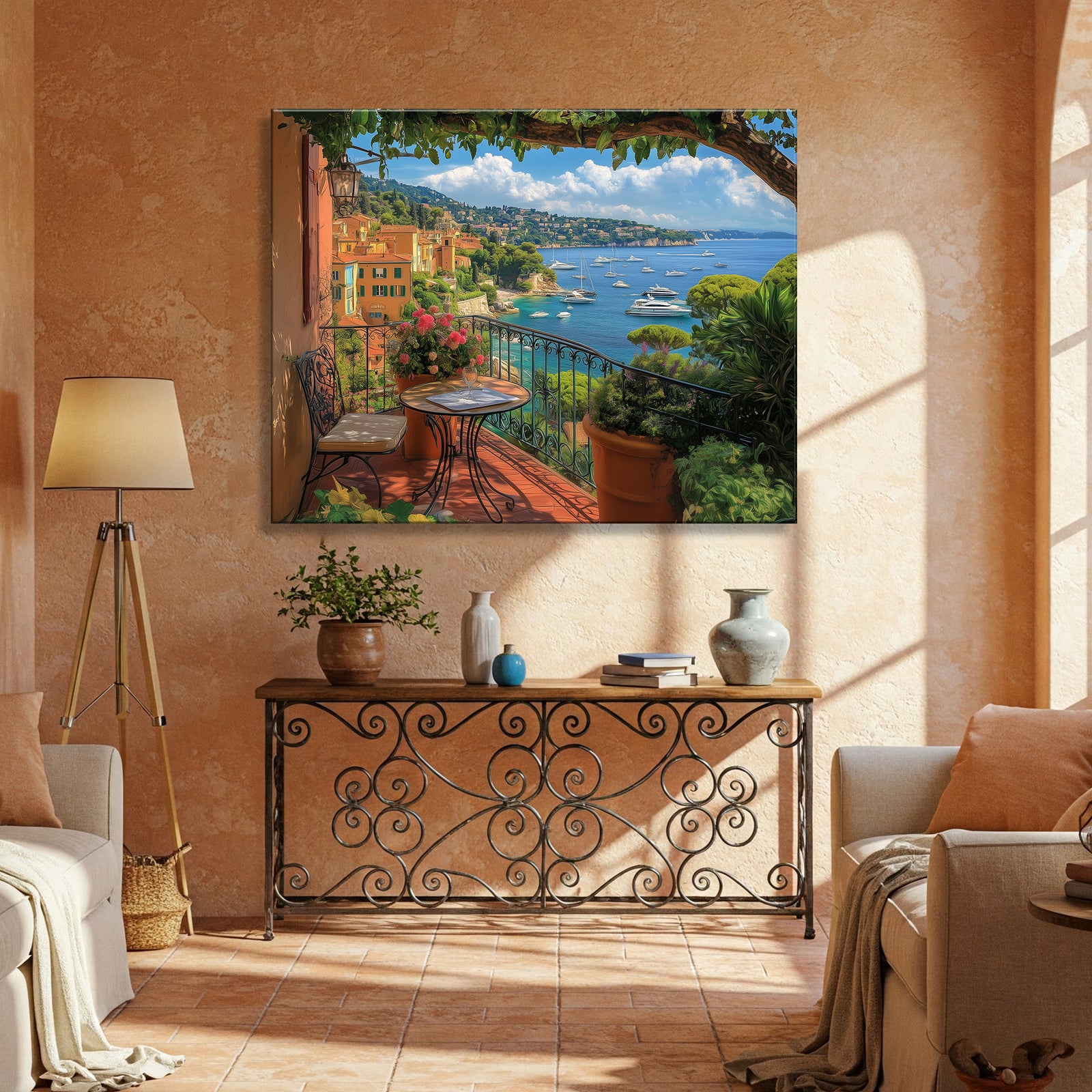 French Riviera Balcony View with Sea and Flowers Canvas