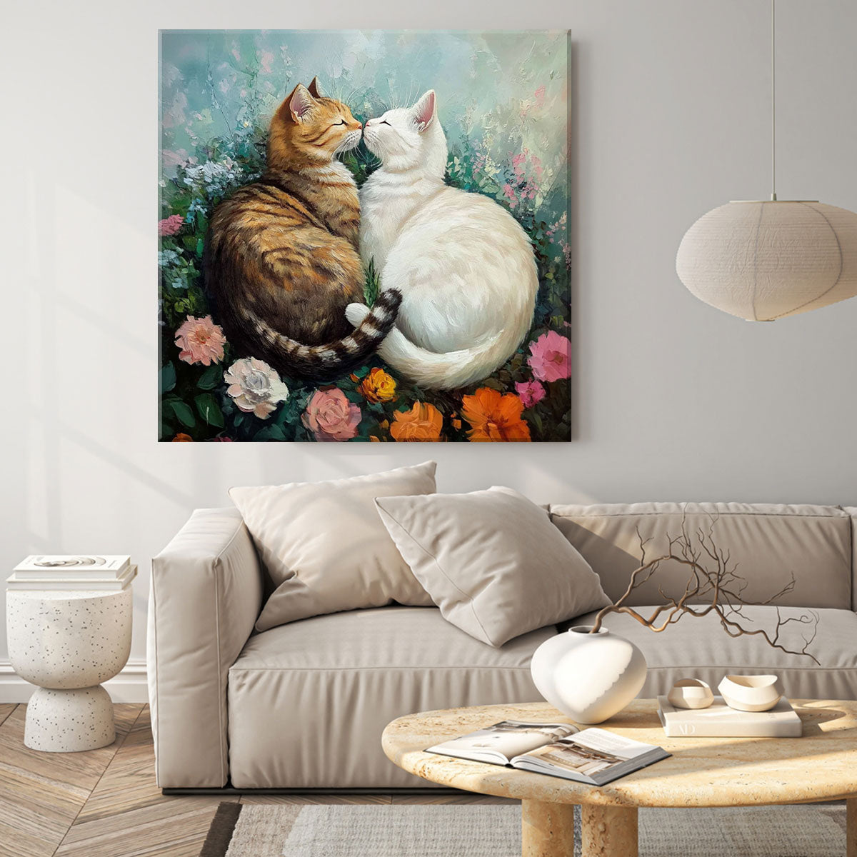 Romantic Cat Duo in Floral Garden – Oil Canvas Wall Art