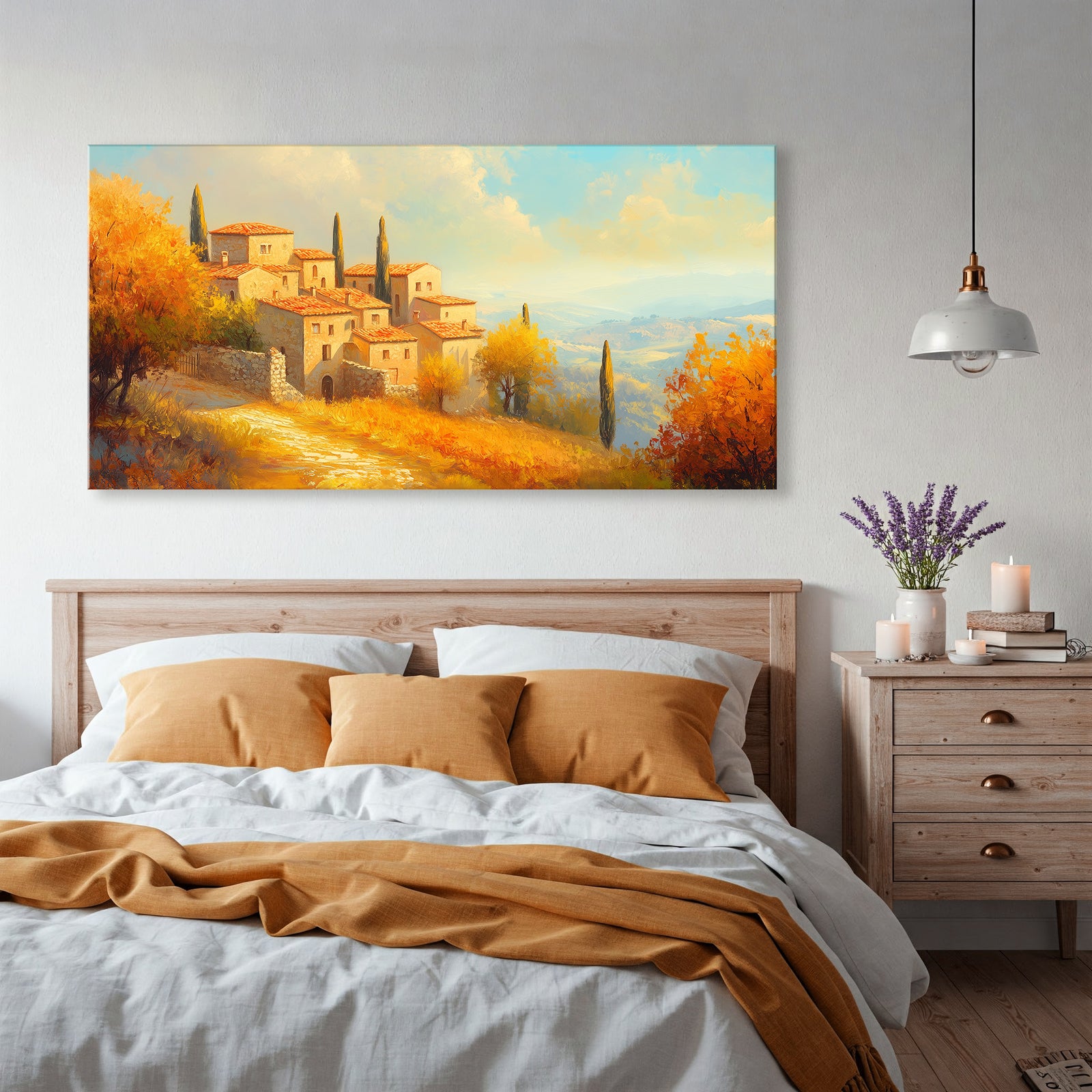 Panoramic Stone Village Scene Canvas in Rustic Boho Style