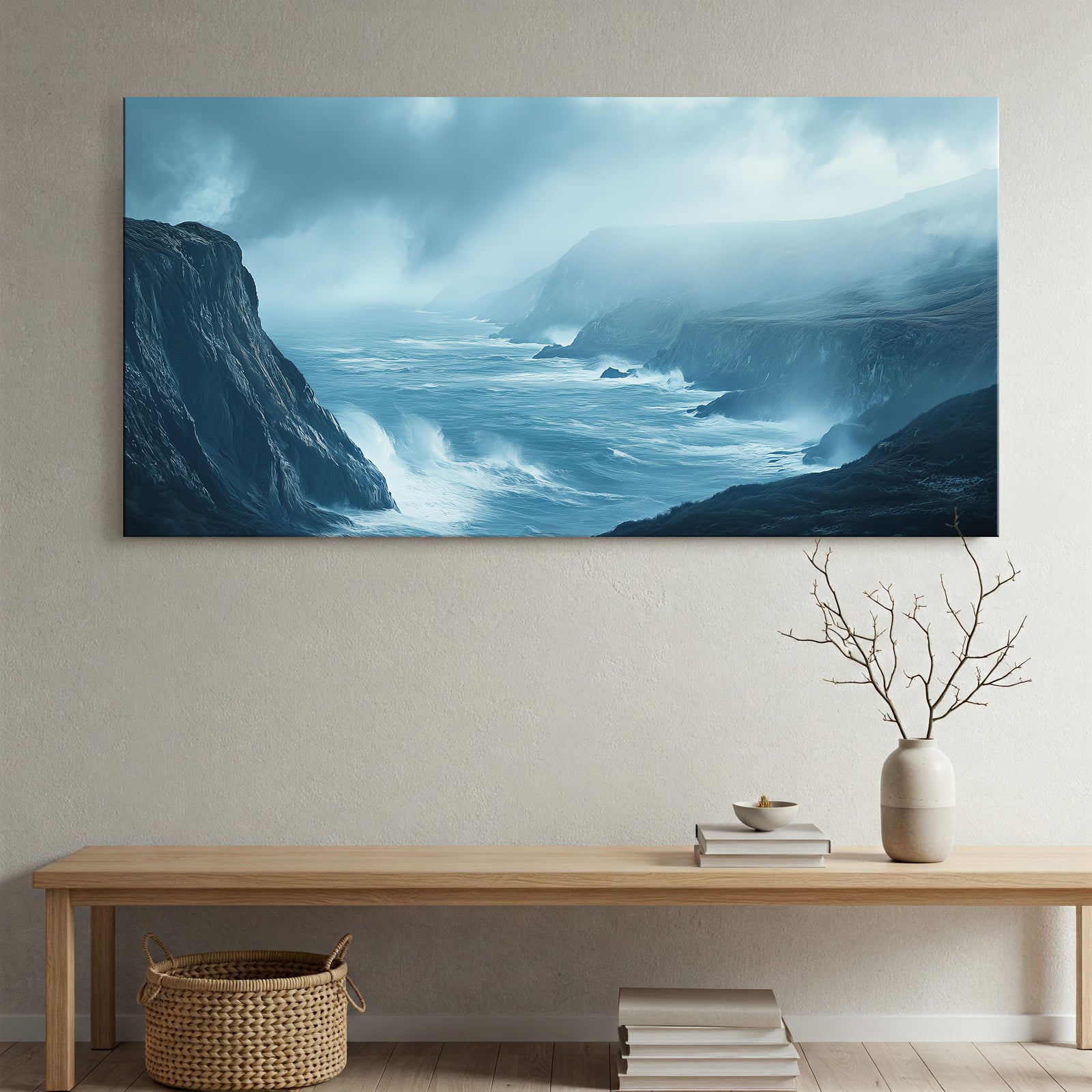 Coastal Cliffside and Waves Canvas in Earthy Tones