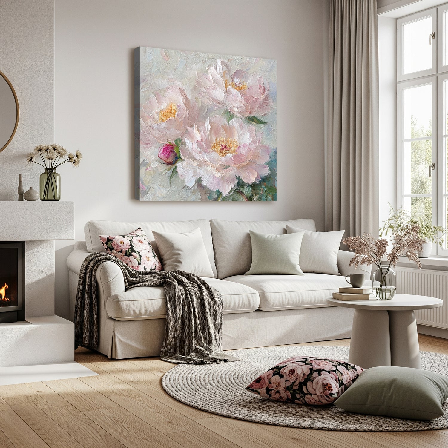 Soft Peonies in Bloom Canvas Art with Oil-Painted Texture