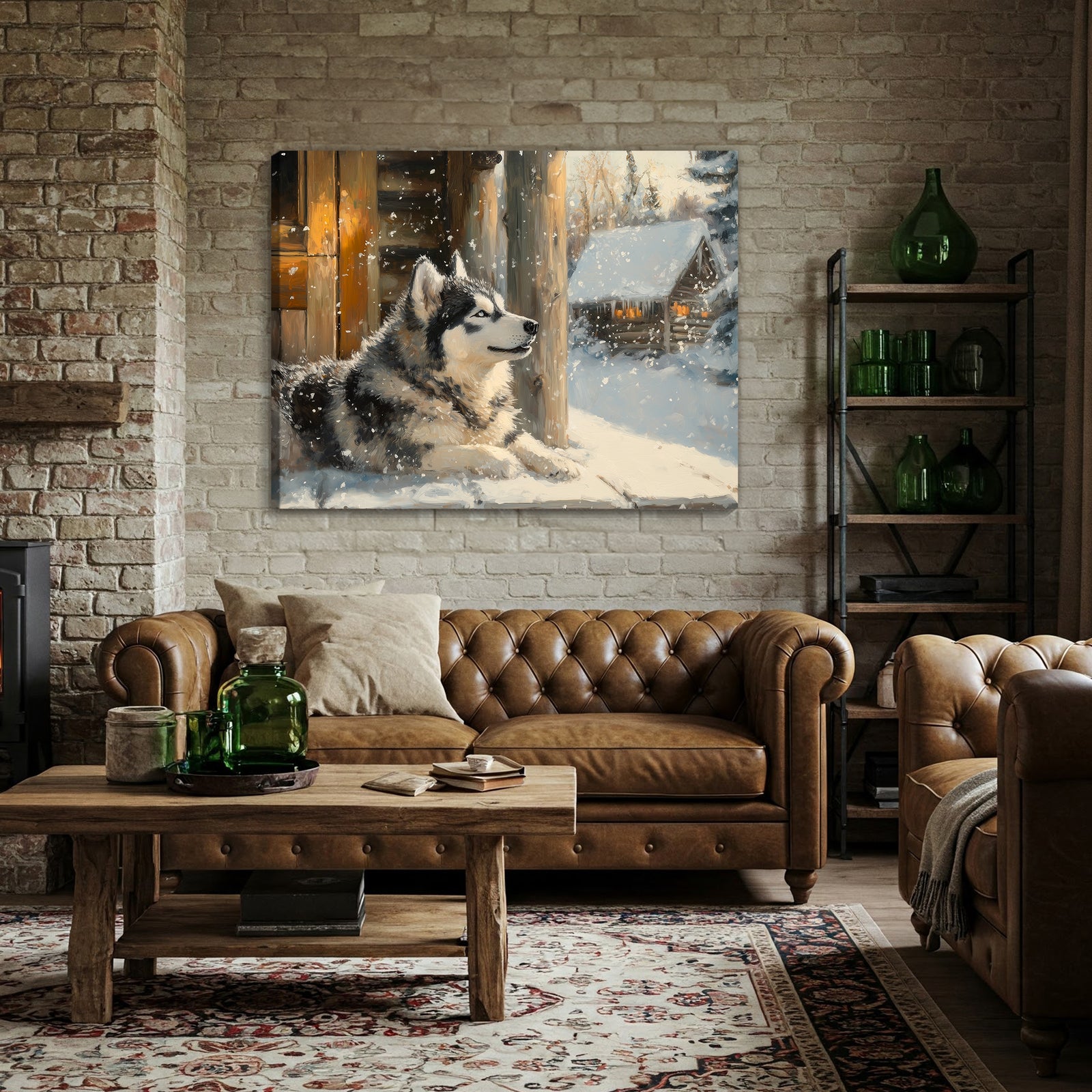 Cozy Alaskan Malamute Winter Oil Painting Canvas