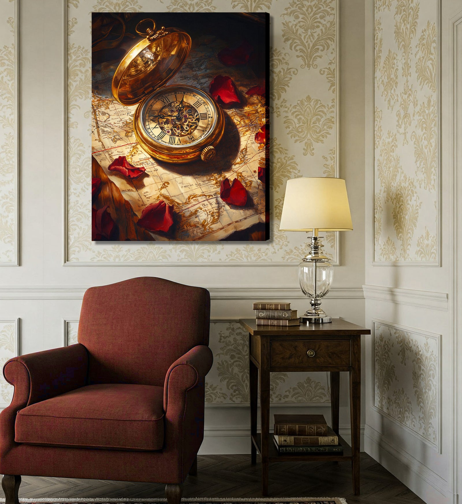 Vintage Pocket Watch and Old Map Oil Painting Canvas Wall Art