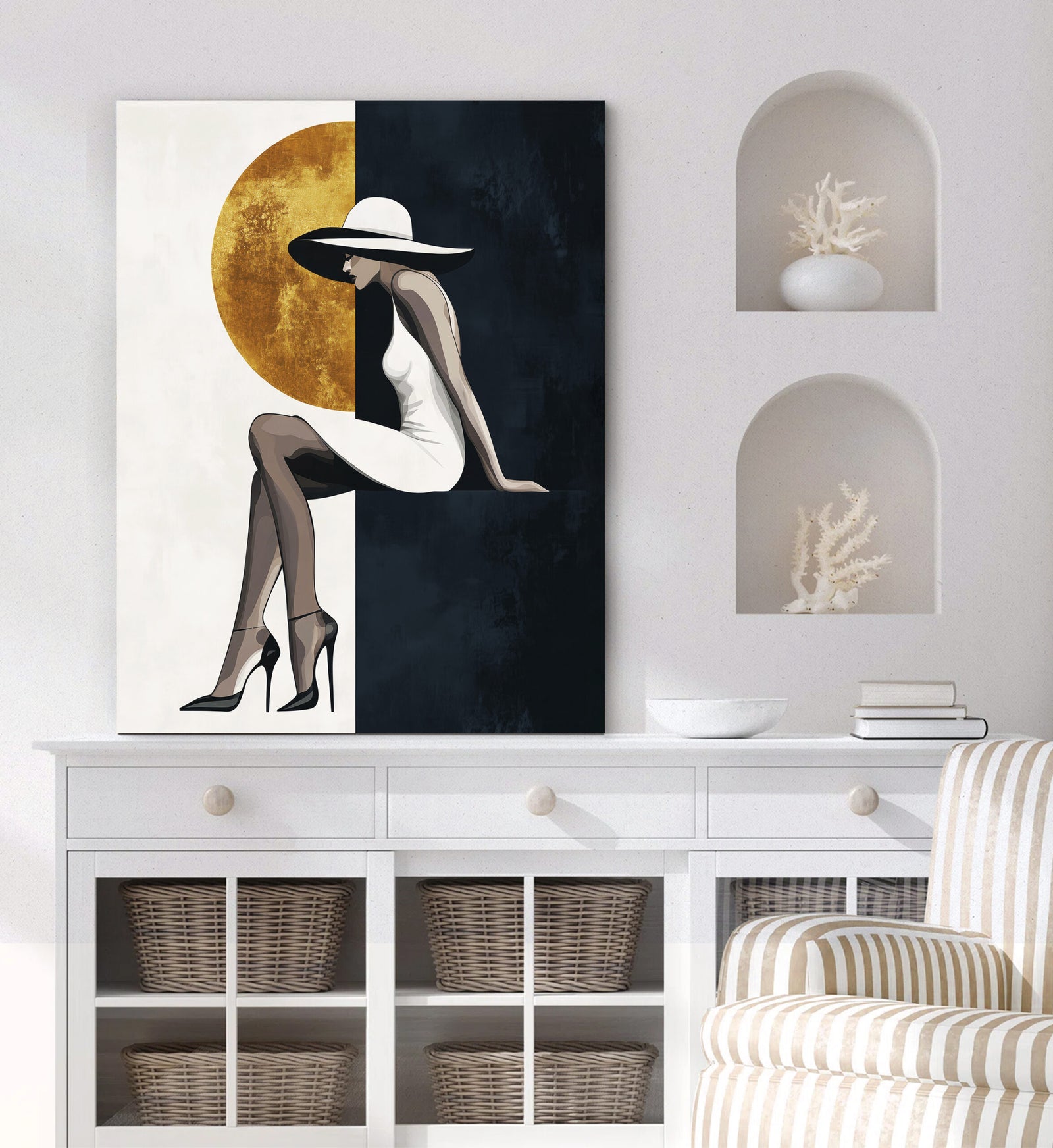Modern Minimalist Woman and Gold Moon Wall Art Canvas