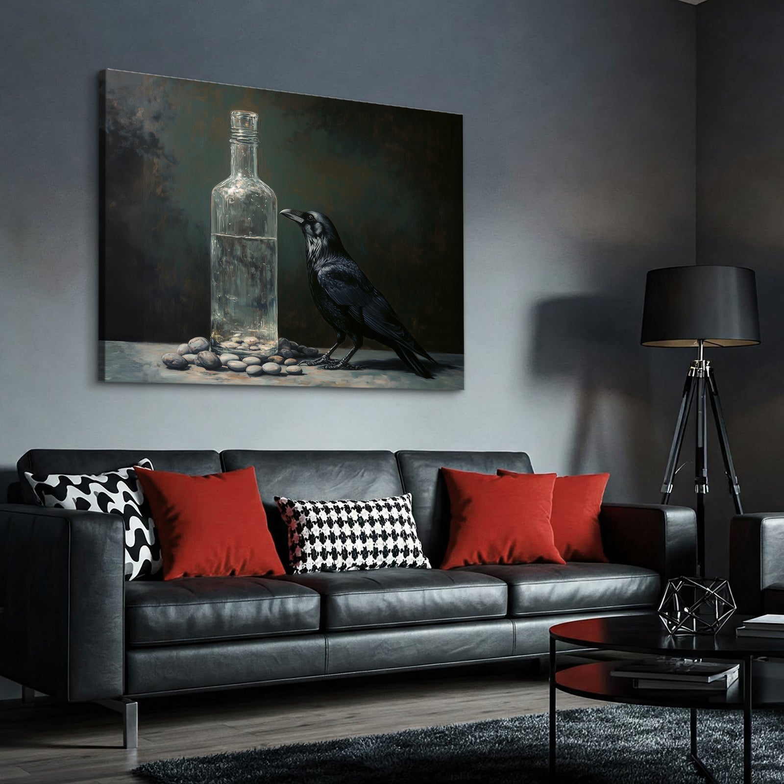 Black Raven and Glass Bottle Oil Painting Canvas Print