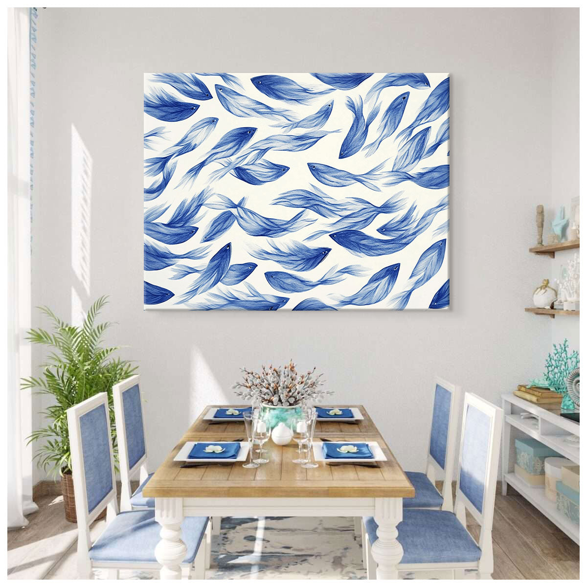 Blue Flowing Fish Horizontal Canvas Abstract Wall Art