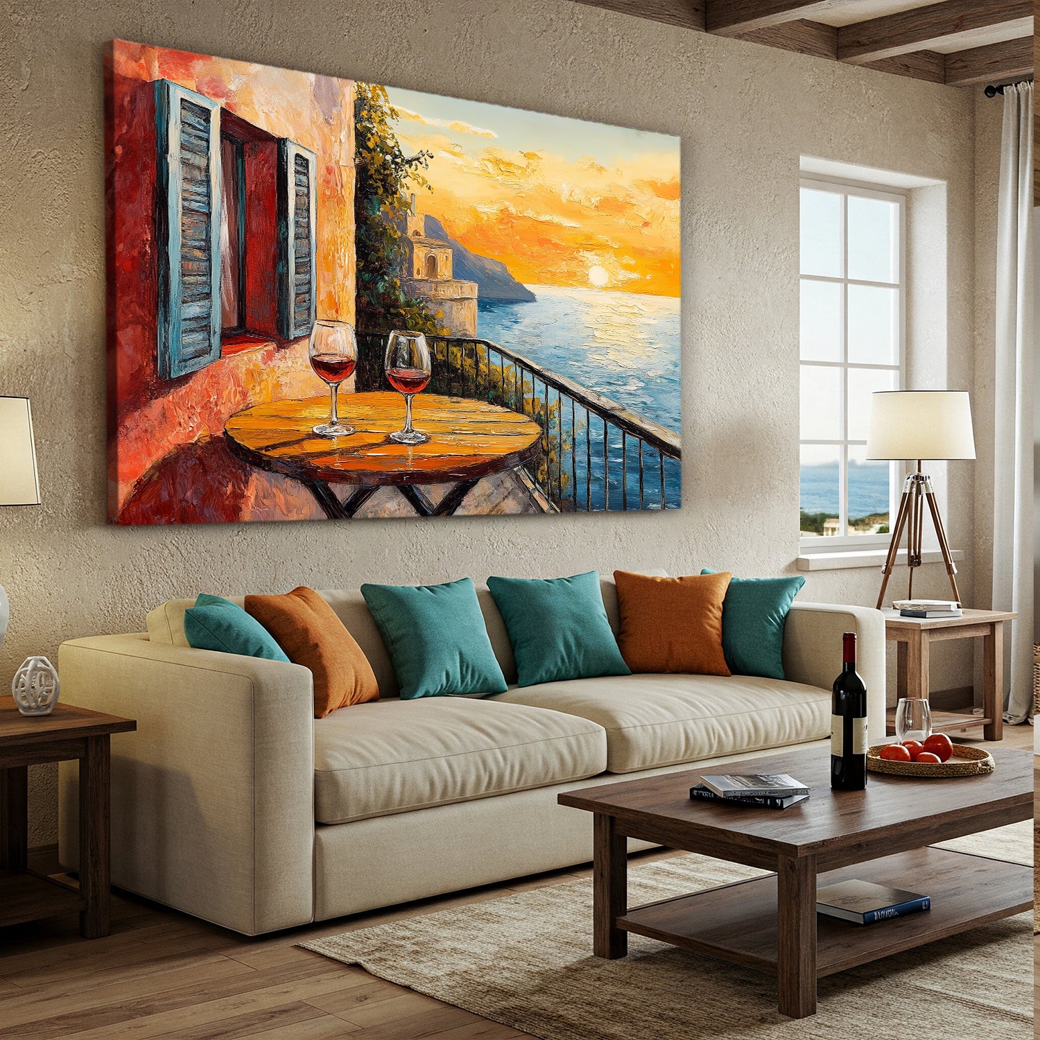 Mediterranean Balcony with Flowers Oil Style Canvas Print