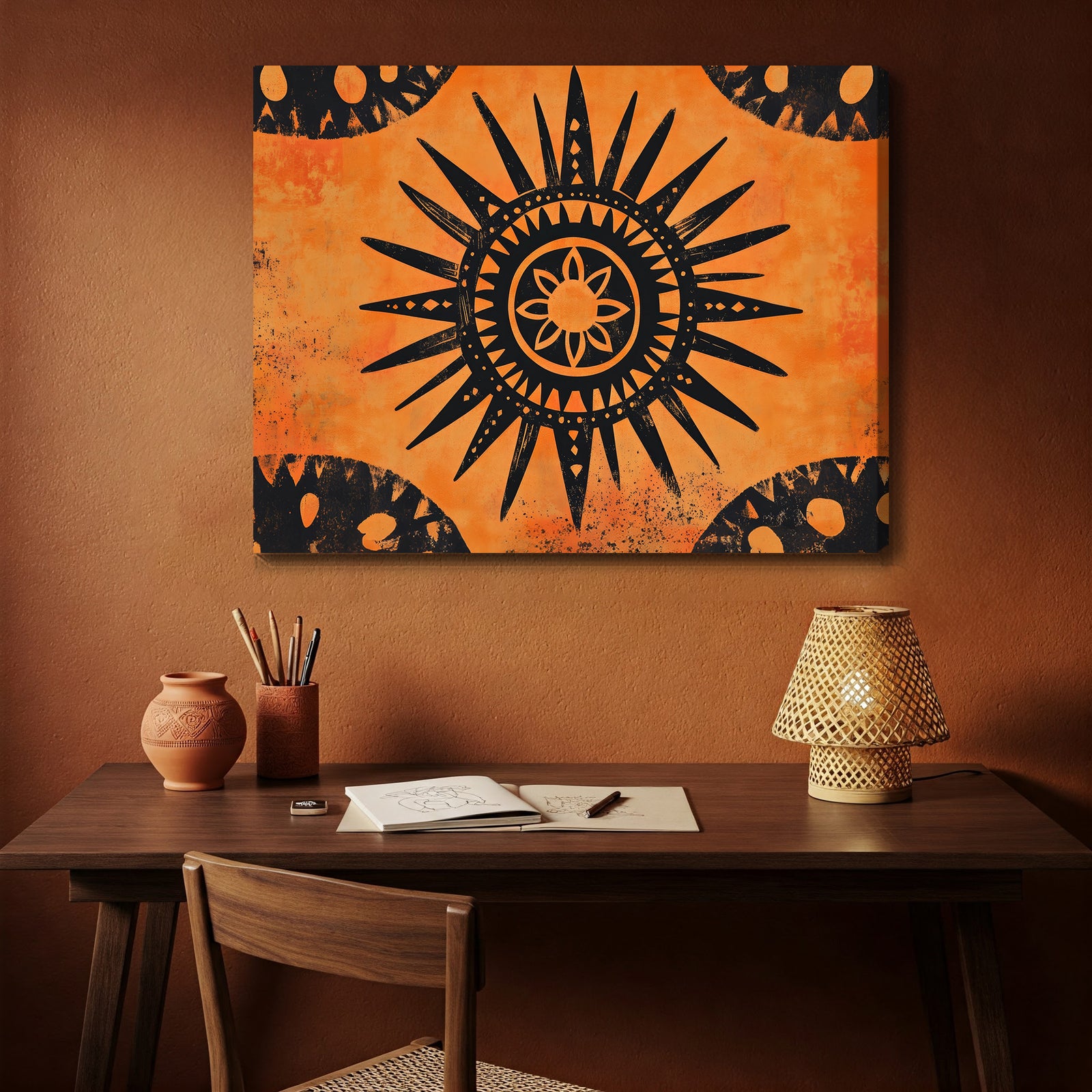 Tribal Sun Rustic Boho Wall Art Print – Terracotta Concentric Design