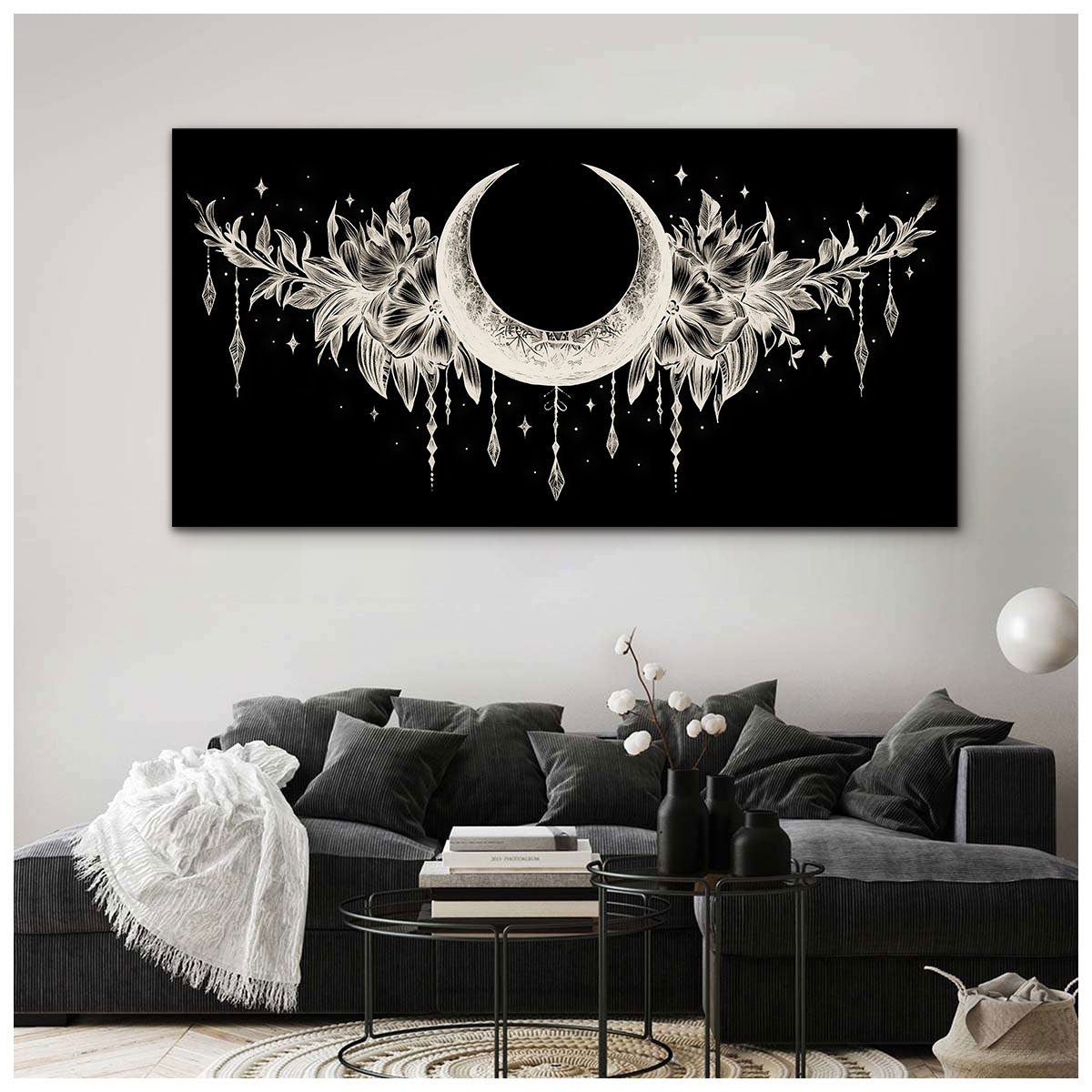 Crescent Moon and Floral Line Art Boho Canvas Wall Decor
